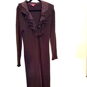 Vintage Aubergine  Long Cardigan with Ruffle Trim and Lace Details